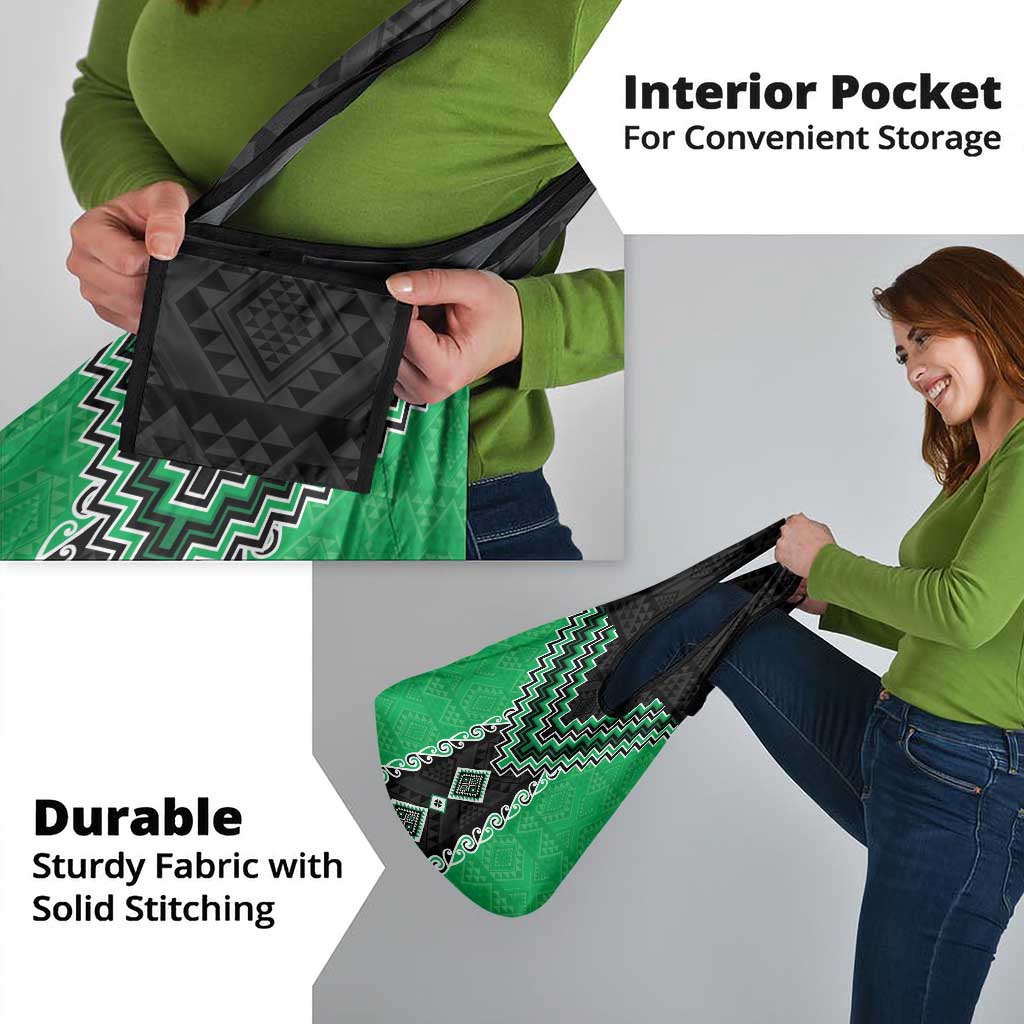 Green Niho Taniwha Mix Poutama Grocery Bag Unique Taniko Aotearoa