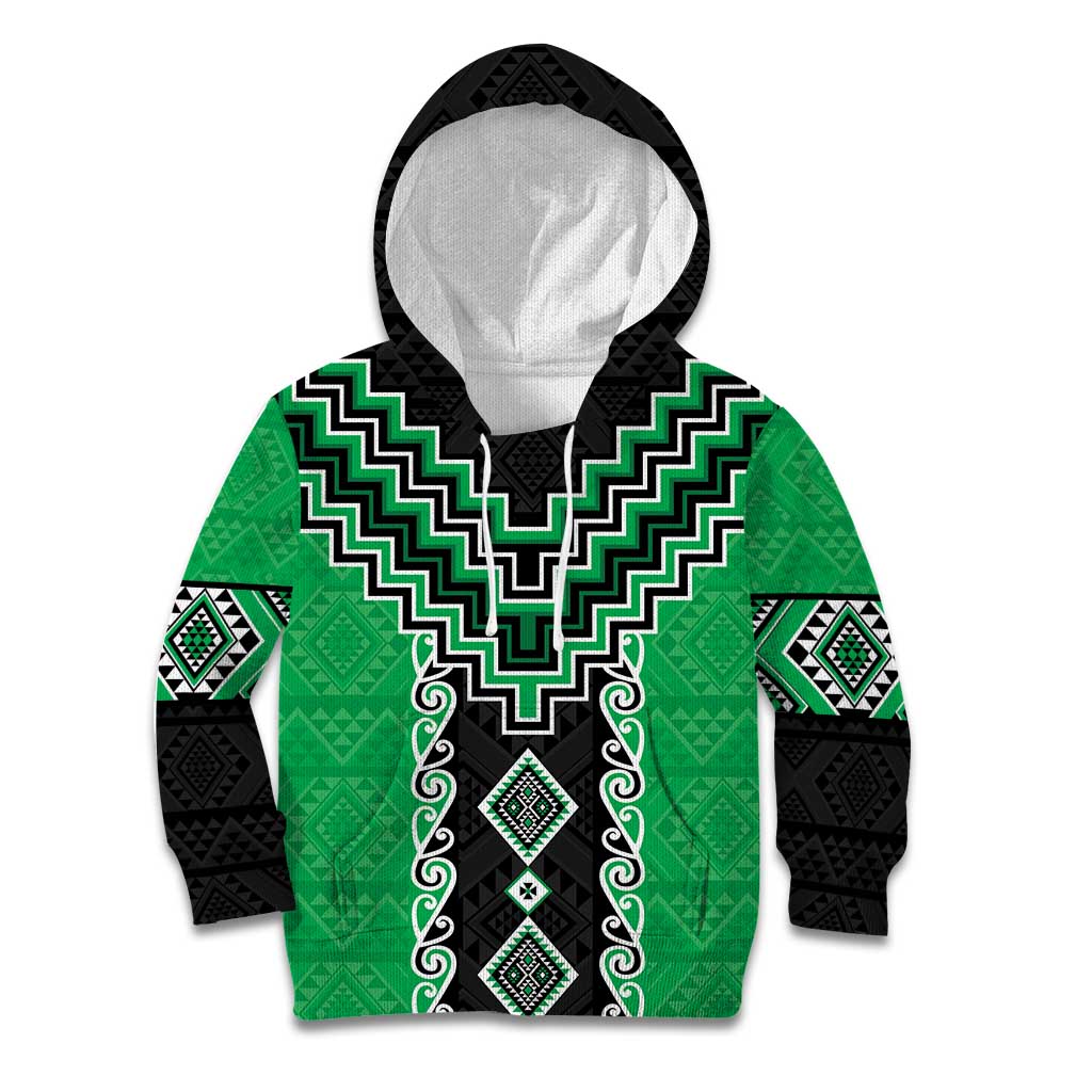 Green Niho Taniwha Mix Poutama Kid Hoodie Unique Taniko Aotearoa