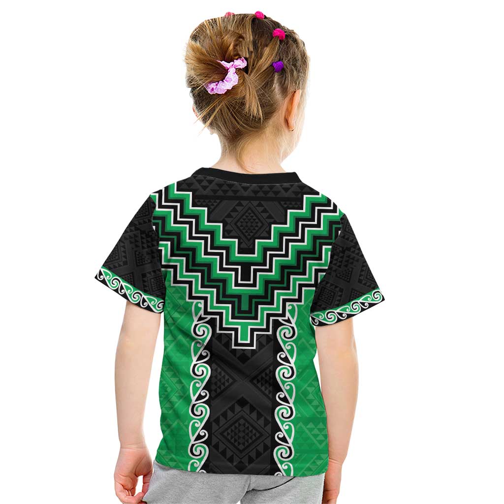 Green Niho Taniwha Mix Poutama Kid T Shirt Unique Taniko Aotearoa