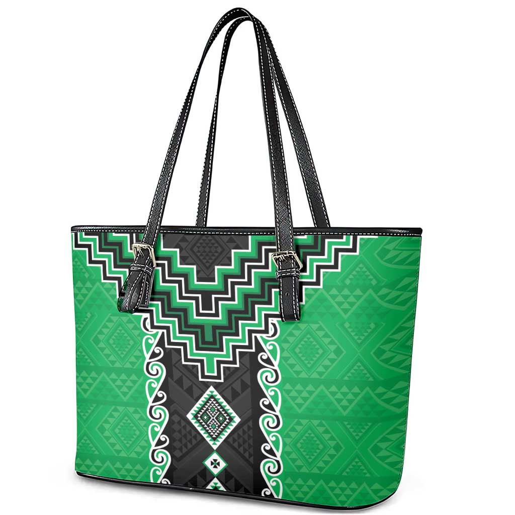 Green Niho Taniwha Mix Poutama Leather Tote Bag Unique Taniko Aotearoa