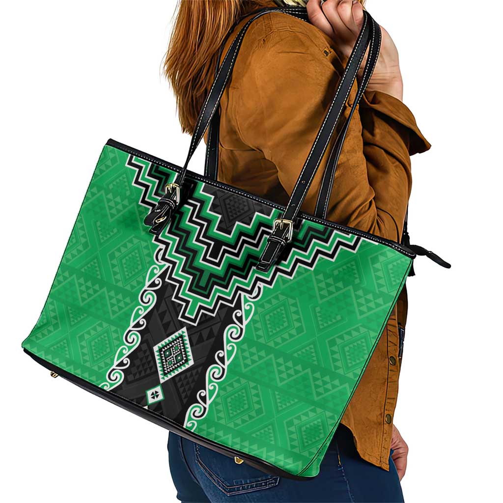 Green Niho Taniwha Mix Poutama Leather Tote Bag Unique Taniko Aotearoa
