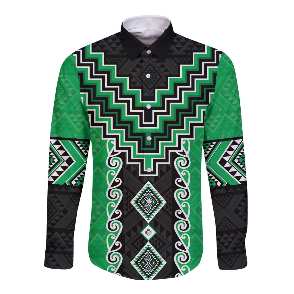 Green Niho Taniwha Mix Poutama Long Sleeve Button Shirt Unique Taniko Aotearoa