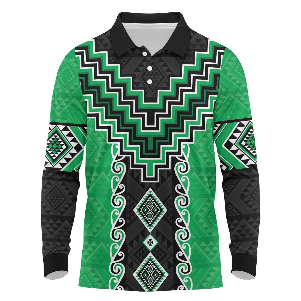 Green Niho Taniwha Mix Poutama Long Sleeve Polo Shirt Unique Taniko Aotearoa