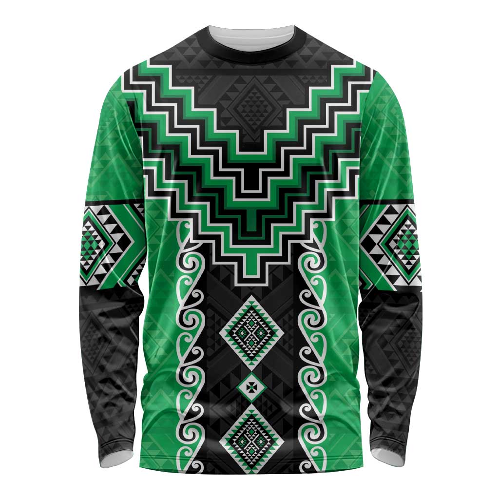 Green Niho Taniwha Mix Poutama Long Sleeve Shirt Unique Taniko Aotearoa