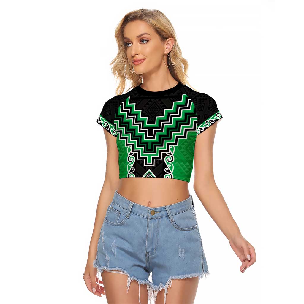 Green Niho Taniwha Mix Poutama Raglan Cropped T Shirt Unique Taniko Aotearoa