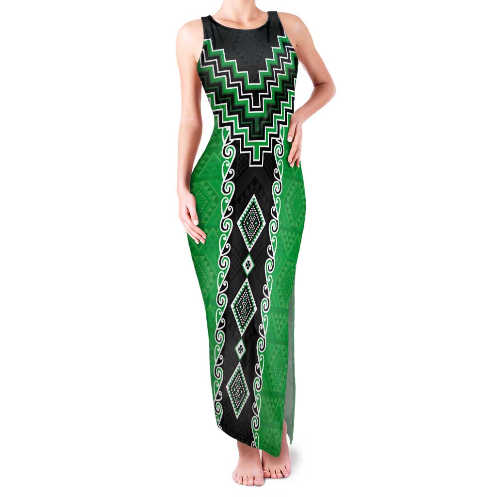 Green Niho Taniwha Mix Poutama Tank Maxi Dress Unique Taniko Aotearoa