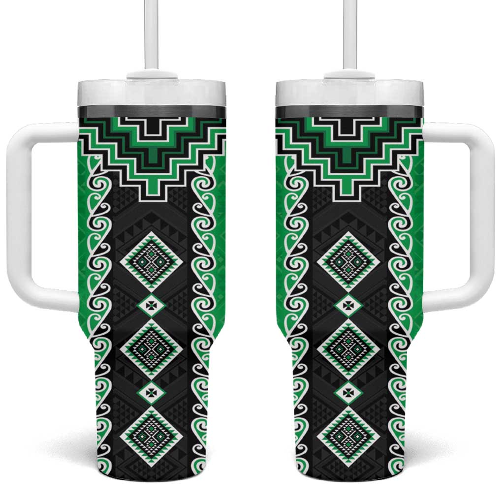 Green Niho Taniwha Mix Poutama Tumbler With Handle Unique Taniko Aotearoa