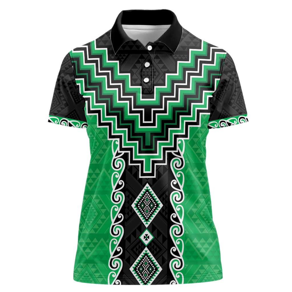 Green Niho Taniwha Mix Poutama Women Polo Shirt Unique Taniko Aotearoa