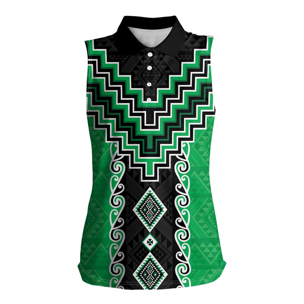 Green Niho Taniwha Mix Poutama Women Sleeveless Polo Shirt Unique Taniko Aotearoa