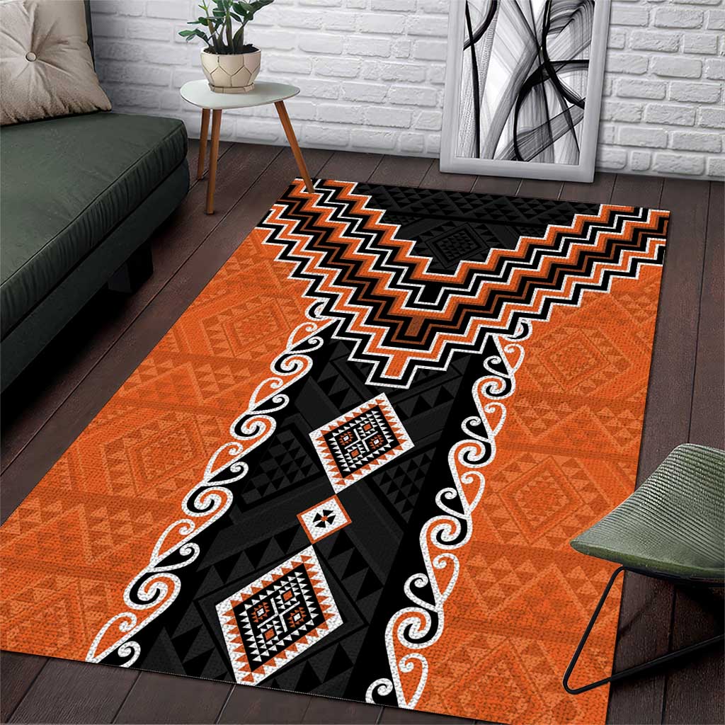 Orange Niho Taniwha Mix Poutama Area Rug Unique Taniko Aotearoa