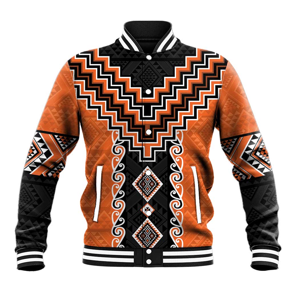 Orange Niho Taniwha Mix Poutama Baseball Jacket Unique Taniko Aotearoa