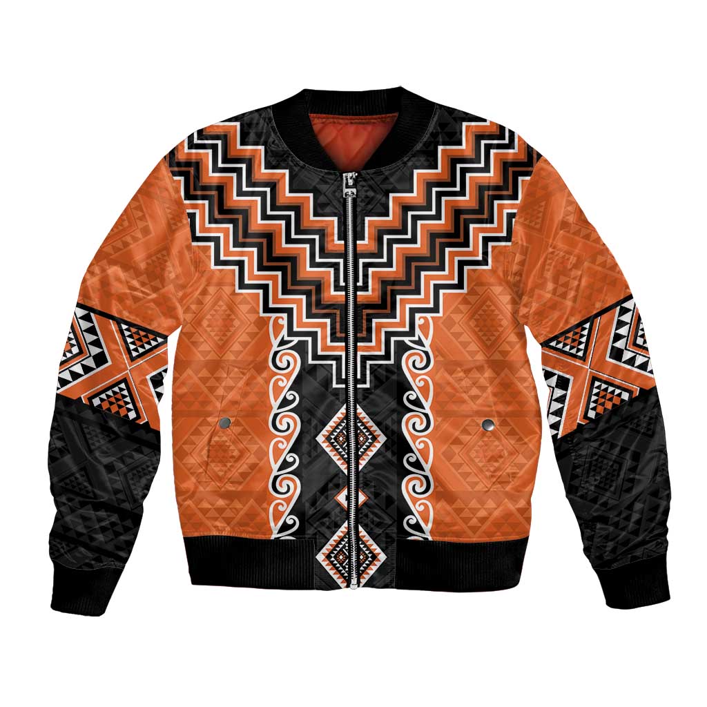 Orange Niho Taniwha Mix Poutama Bomber Jacket Unique Taniko Aotearoa LT01 Unisex Orange - Polynesian Pride