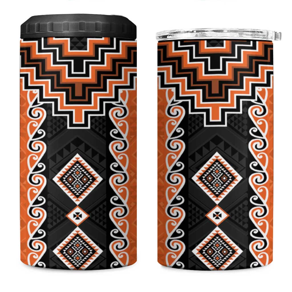 Orange Niho Taniwha Mix Poutama 4 in 1 Can Cooler Tumbler Unique Taniko Aotearoa