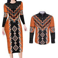 Orange Niho Taniwha Mix Poutama Couples Matching Long Sleeve Bodycon Dress and Long Sleeve Button Shirt Unique Taniko Aotearoa LT01 Orange - Polynesian Pride