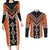 Orange Niho Taniwha Mix Poutama Couples Matching Long Sleeve Bodycon Dress and Long Sleeve Button Shirt Unique Taniko Aotearoa