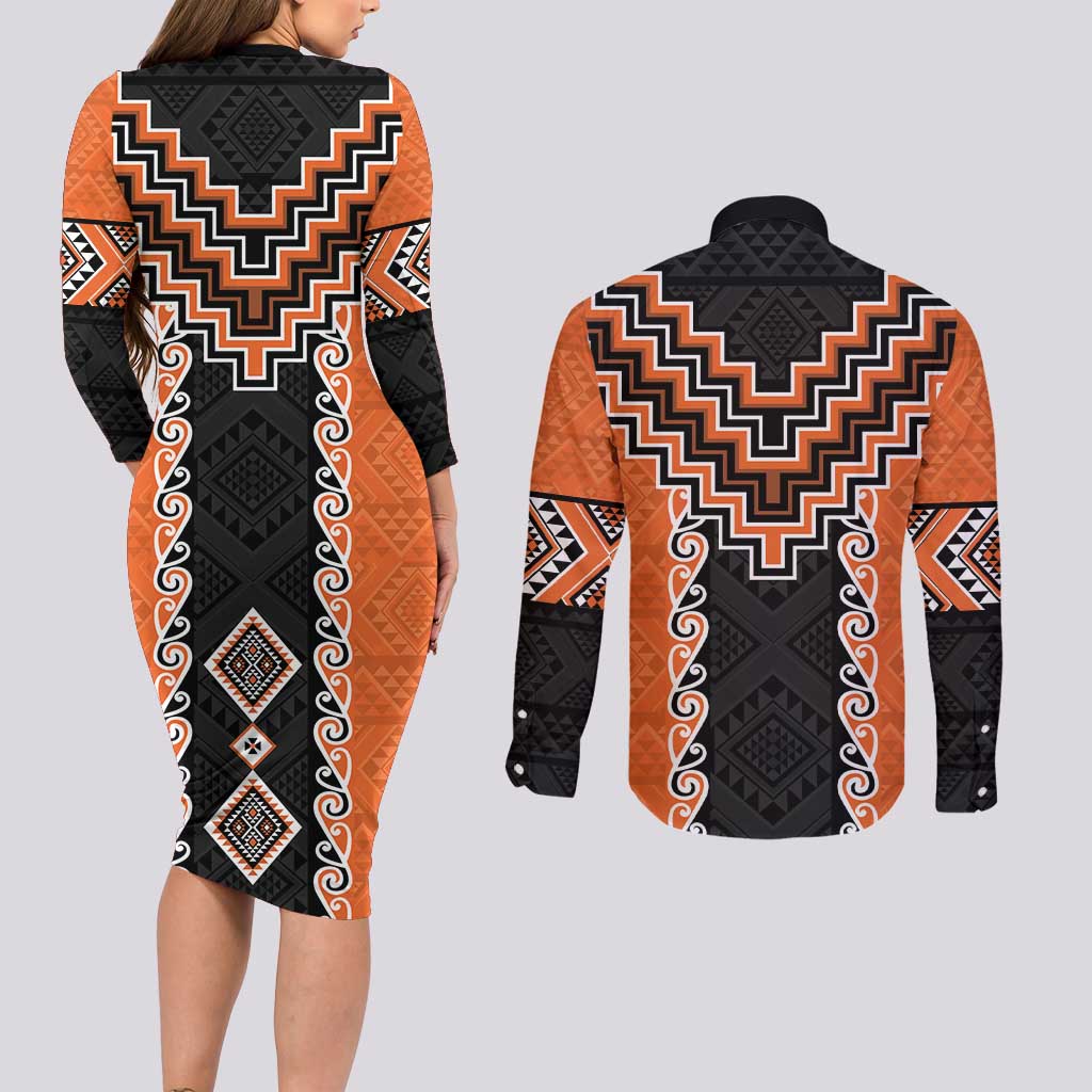 Orange Niho Taniwha Mix Poutama Couples Matching Long Sleeve Bodycon Dress and Long Sleeve Button Shirt Unique Taniko Aotearoa LT01 - Polynesian Pride