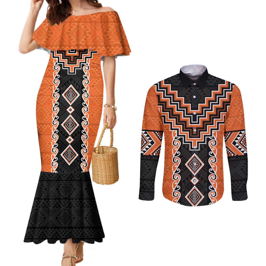 Orange Niho Taniwha Mix Poutama Couples Matching Mermaid Dress and Long Sleeve Button Shirt Unique Taniko Aotearoa LT01 Orange - Polynesian Pride