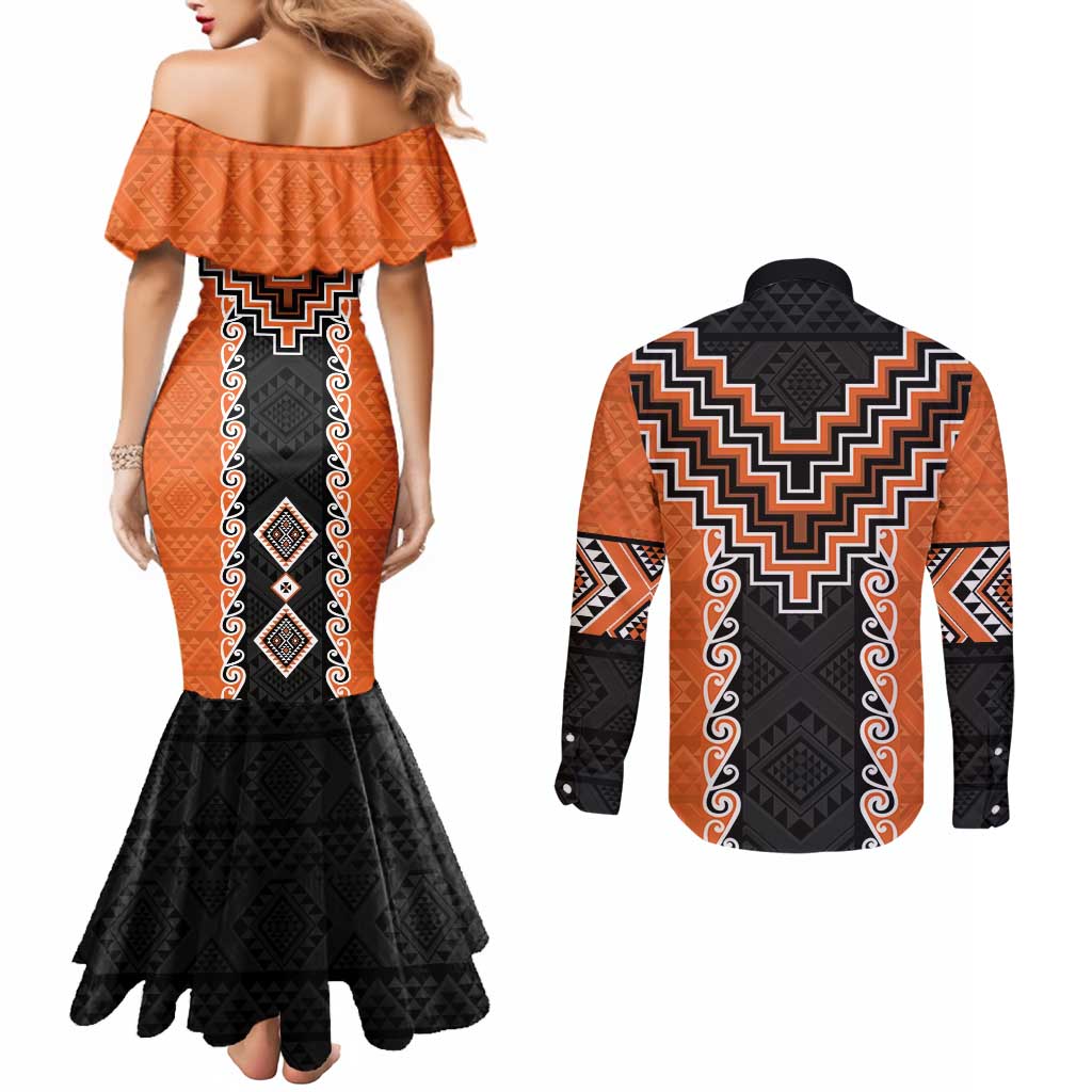 Orange Niho Taniwha Mix Poutama Couples Matching Mermaid Dress and Long Sleeve Button Shirt Unique Taniko Aotearoa LT01 - Polynesian Pride