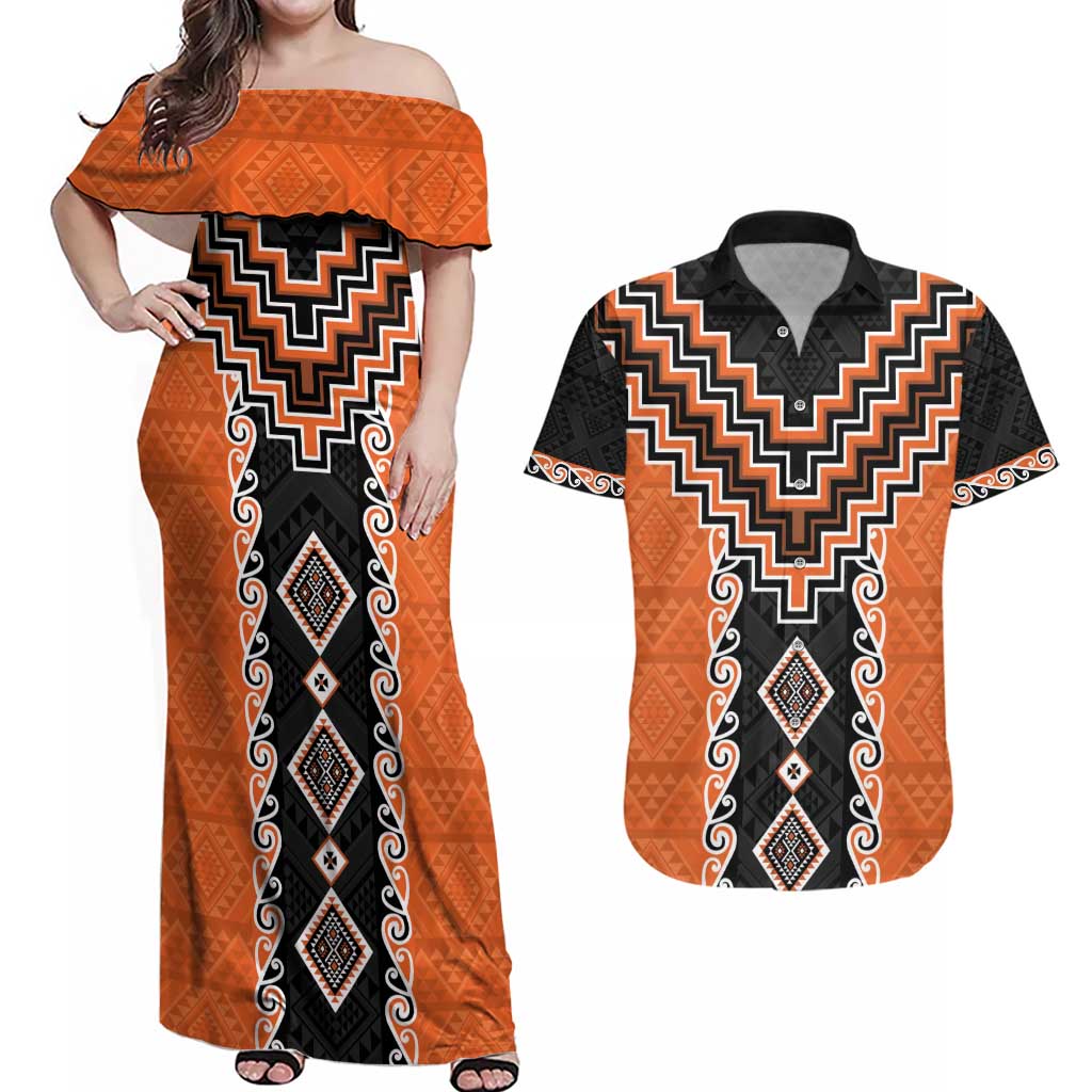 Orange Niho Taniwha Mix Poutama Couples Matching Off Shoulder Maxi Dress and Hawaiian Shirt Unique Taniko Aotearoa