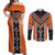 Orange Niho Taniwha Mix Poutama Couples Matching Off Shoulder Maxi Dress and Long Sleeve Button Shirt Unique Taniko Aotearoa