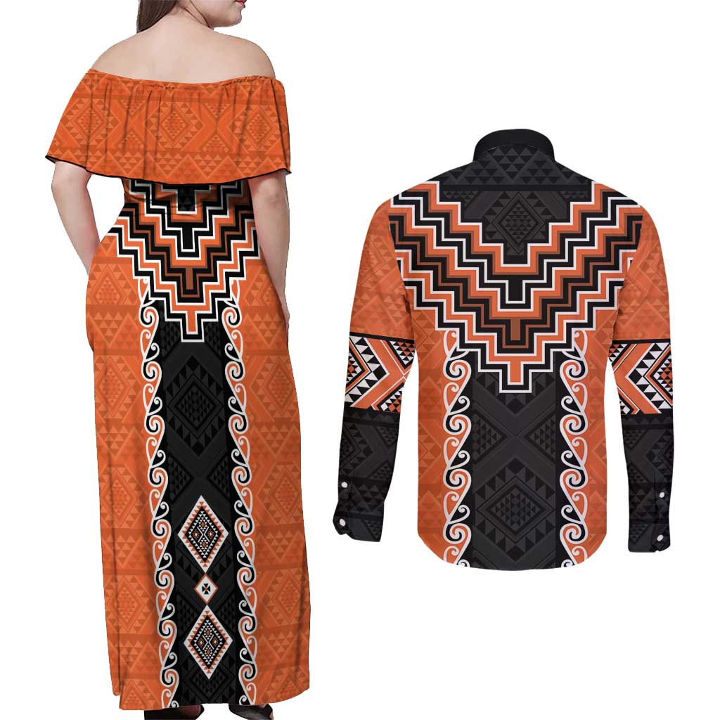 Orange Niho Taniwha Mix Poutama Couples Matching Off Shoulder Maxi Dress and Long Sleeve Button Shirt Unique Taniko Aotearoa