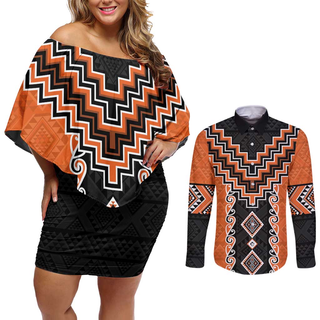 Orange Niho Taniwha Mix Poutama Couples Matching Off Shoulder Short Dress and Long Sleeve Button Shirt Unique Taniko Aotearoa