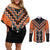 Orange Niho Taniwha Mix Poutama Couples Matching Off Shoulder Short Dress and Long Sleeve Button Shirt Unique Taniko Aotearoa