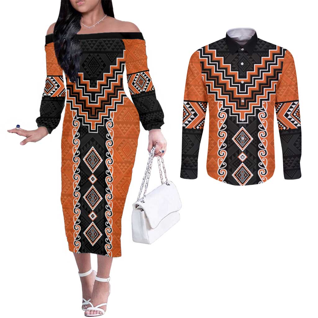 Orange Niho Taniwha Mix Poutama Couples Matching Off The Shoulder Long Sleeve Dress and Long Sleeve Button Shirt Unique Taniko Aotearoa