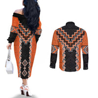 Orange Niho Taniwha Mix Poutama Couples Matching Off The Shoulder Long Sleeve Dress and Long Sleeve Button Shirt Unique Taniko Aotearoa