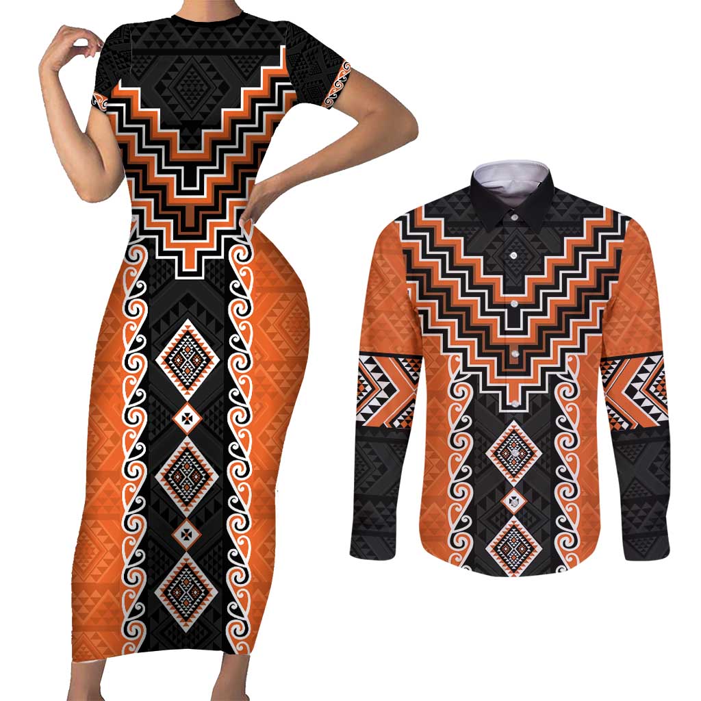 Orange Niho Taniwha Mix Poutama Couples Matching Short Sleeve Bodycon Dress and Long Sleeve Button Shirt Unique Taniko Aotearoa