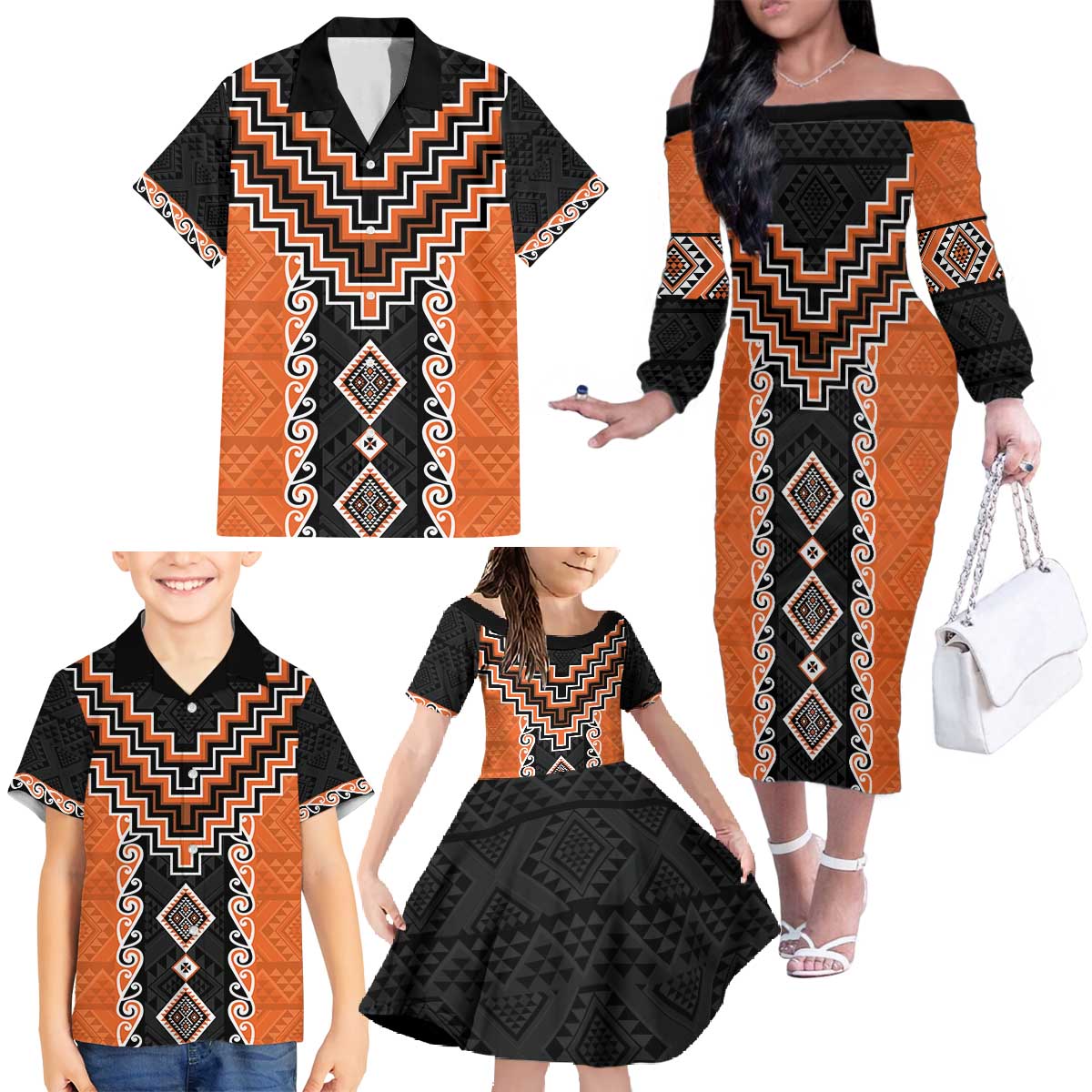 Orange Niho Taniwha Mix Poutama Family Matching Off The Shoulder Long Sleeve Dress and Hawaiian Shirt Unique Taniko Aotearoa