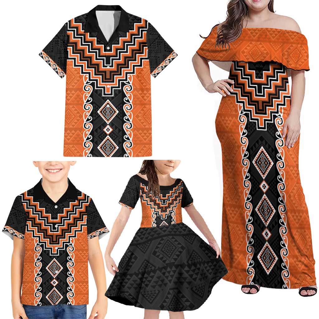 Orange Niho Taniwha Mix Poutama Family Matching Off Shoulder Maxi Dress and Hawaiian Shirt Unique Taniko Aotearoa