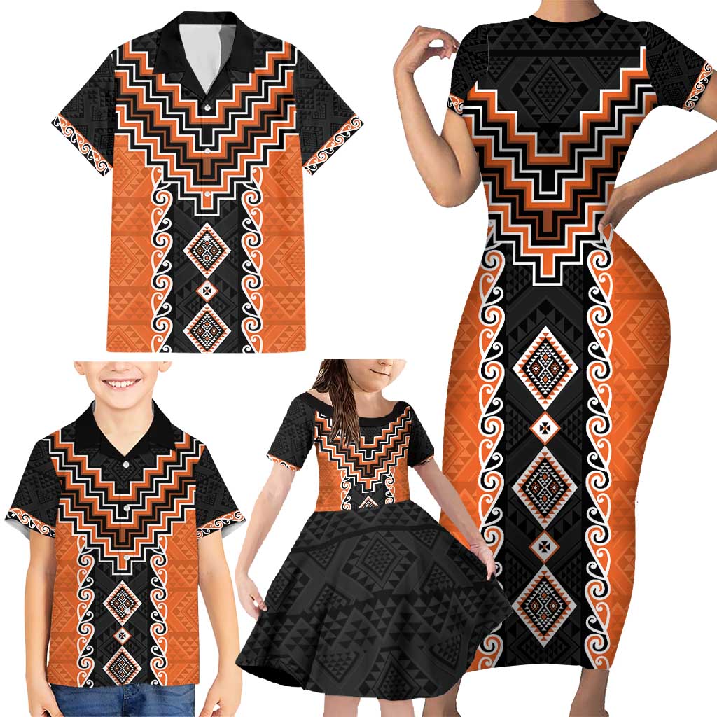 Orange Niho Taniwha Mix Poutama Family Matching Short Sleeve Bodycon Dress and Hawaiian Shirt Unique Taniko Aotearoa