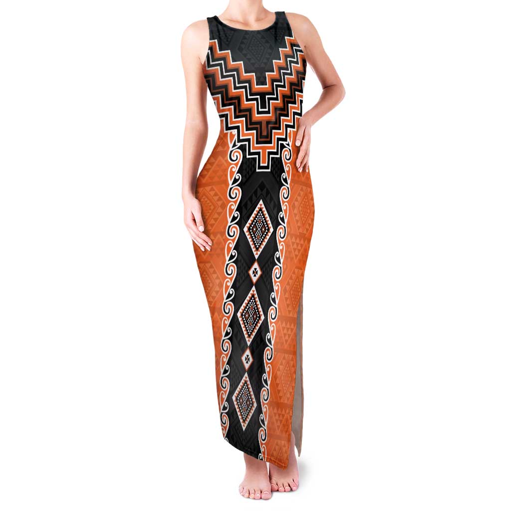Orange Niho Taniwha Mix Poutama Family Matching Tank Maxi Dress and Hawaiian Shirt Unique Taniko Aotearoa