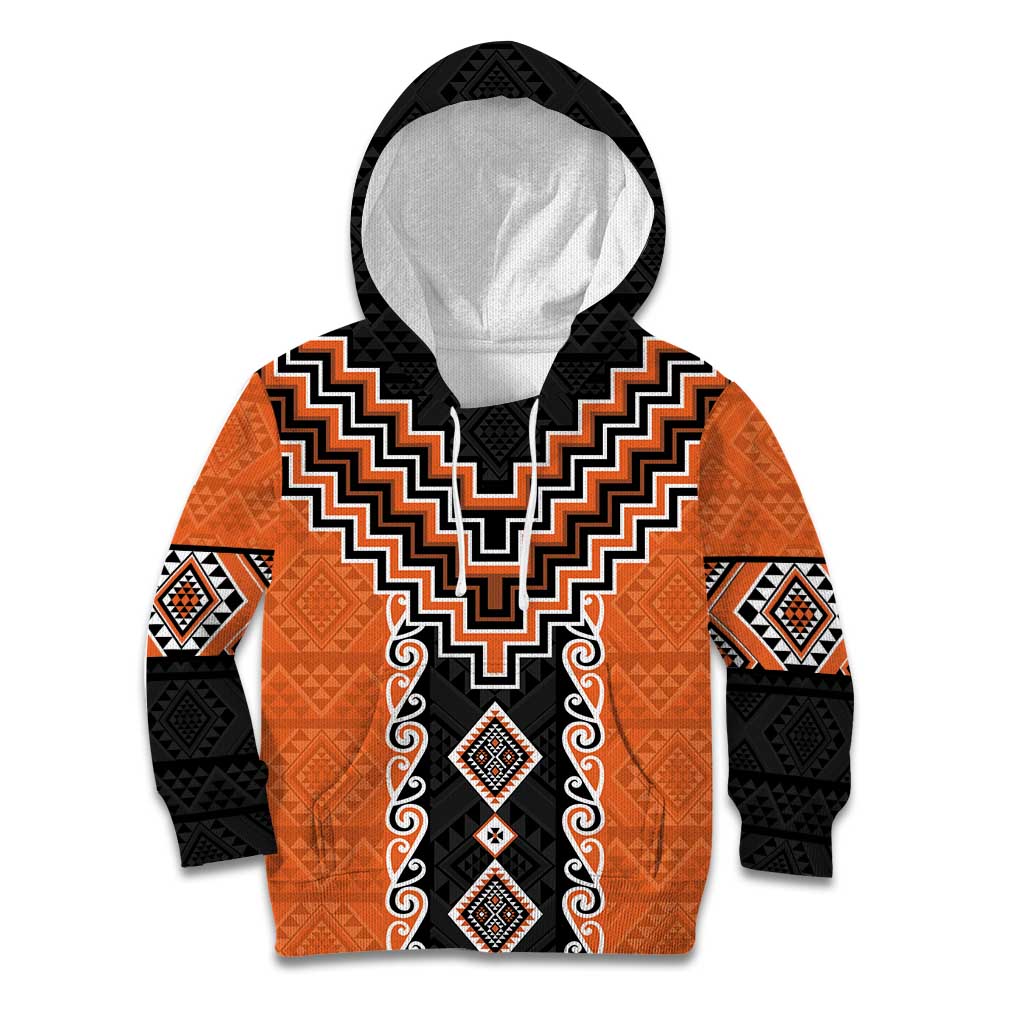 Orange Niho Taniwha Mix Poutama Kid Hoodie Unique Taniko Aotearoa