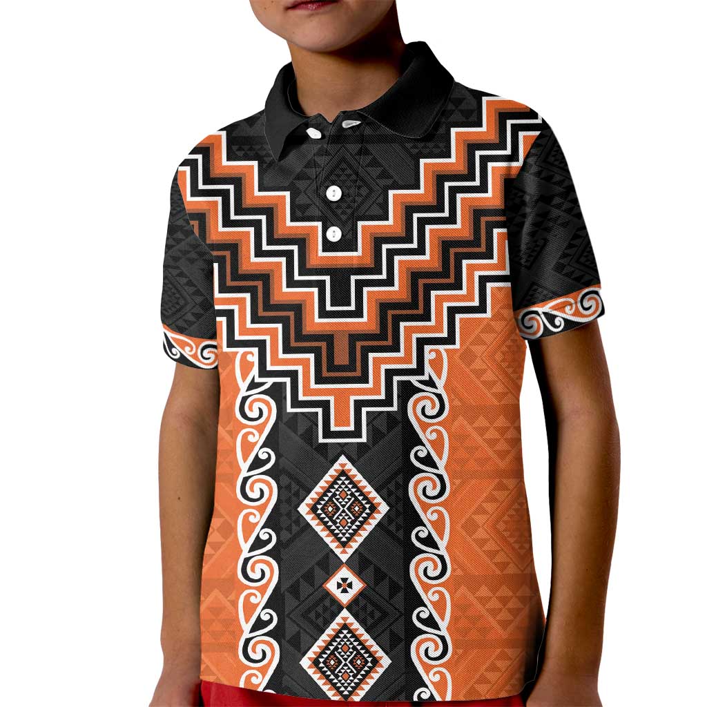 Orange Niho Taniwha Mix Poutama Kid Polo Shirt Unique Taniko Aotearoa