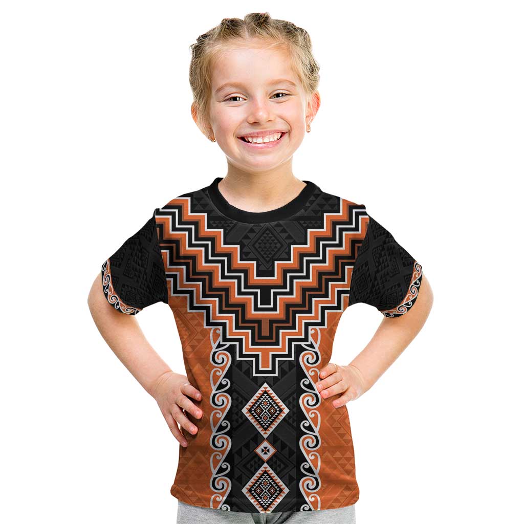 Orange Niho Taniwha Mix Poutama Kid T Shirt Unique Taniko Aotearoa