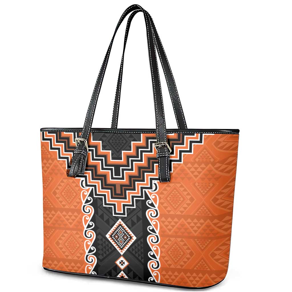 Orange Niho Taniwha Mix Poutama Leather Tote Bag Unique Taniko Aotearoa