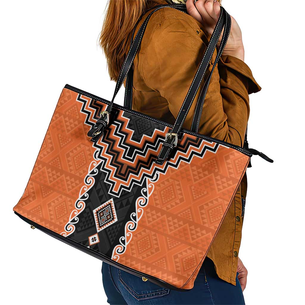 Orange Niho Taniwha Mix Poutama Leather Tote Bag Unique Taniko Aotearoa