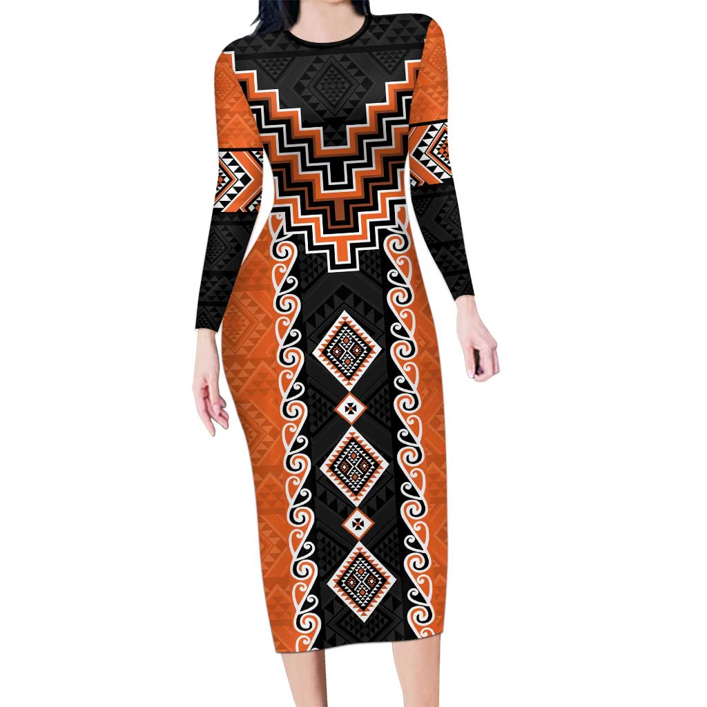 Orange Niho Taniwha Mix Poutama Long Sleeve Bodycon Dress Unique Taniko Aotearoa LT01 Long Dress Orange - Polynesian Pride
