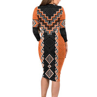 Orange Niho Taniwha Mix Poutama Long Sleeve Bodycon Dress Unique Taniko Aotearoa LT01 - Polynesian Pride