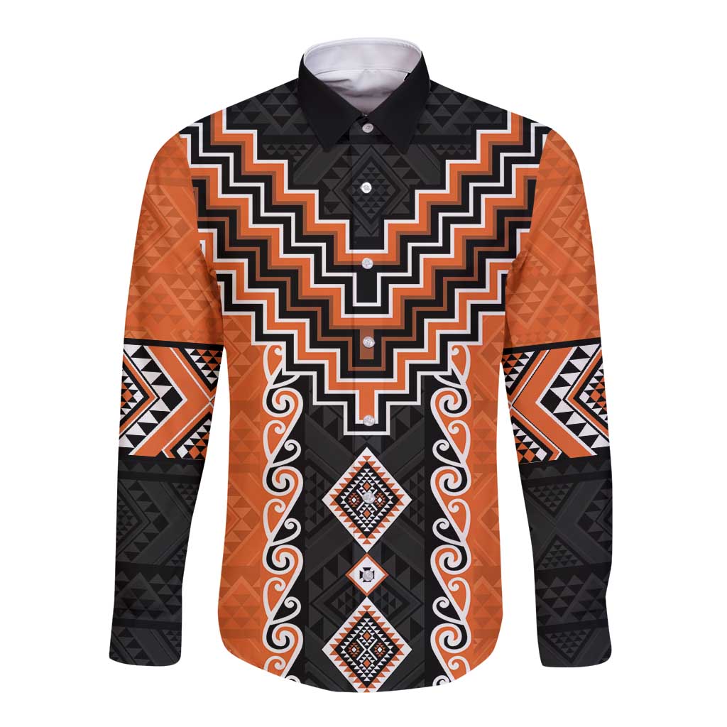 Orange Niho Taniwha Mix Poutama Long Sleeve Button Shirt Unique Taniko Aotearoa