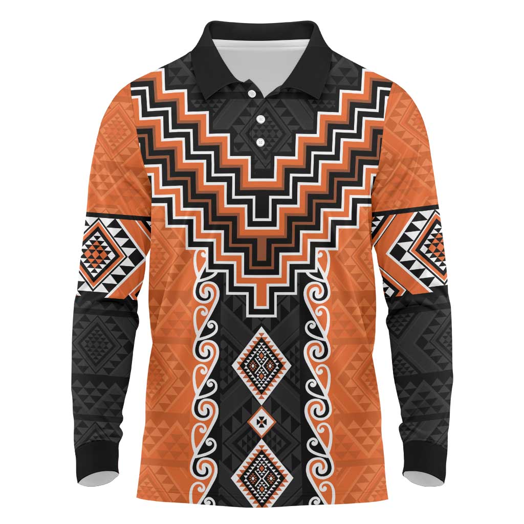 Orange Niho Taniwha Mix Poutama Long Sleeve Polo Shirt Unique Taniko Aotearoa