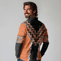 Orange Niho Taniwha Mix Poutama Long Sleeve Polo Shirt Unique Taniko Aotearoa