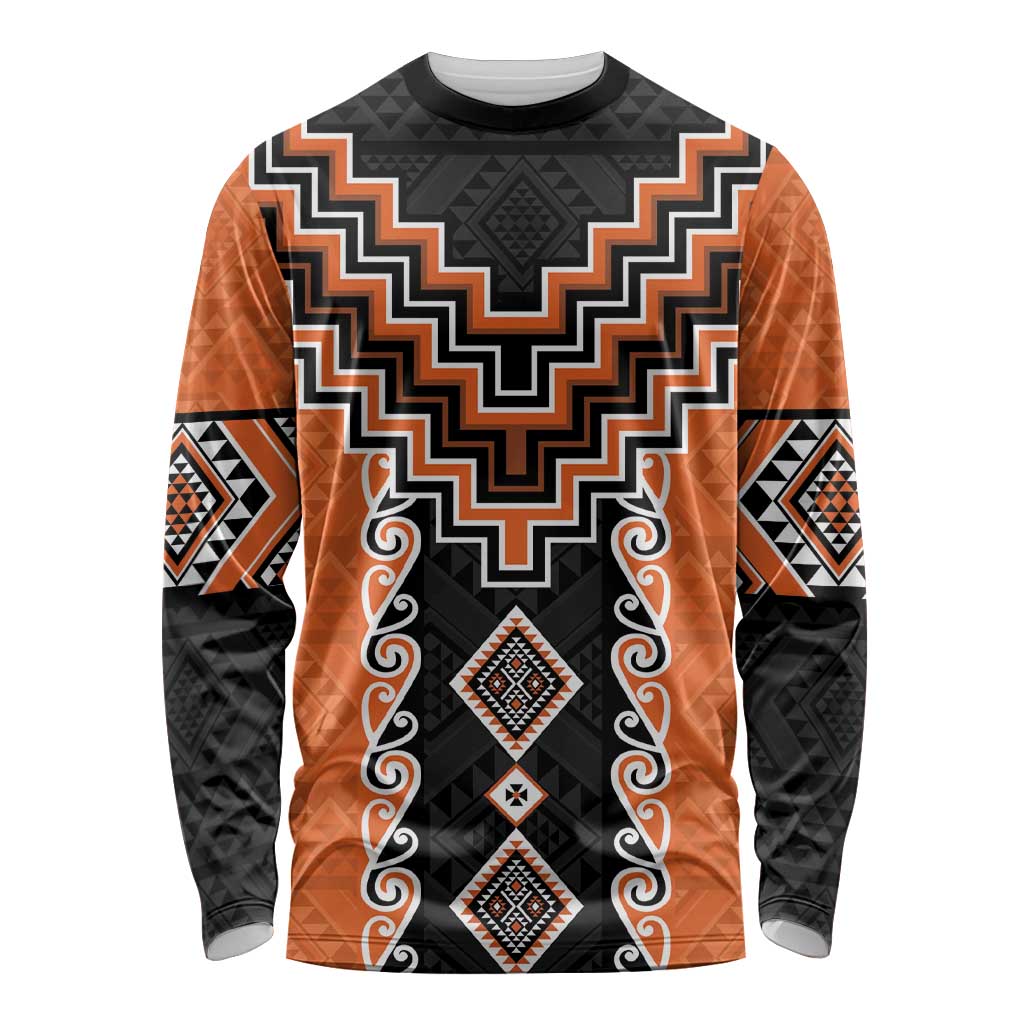 Orange Niho Taniwha Mix Poutama Long Sleeve Shirt Unique Taniko Aotearoa