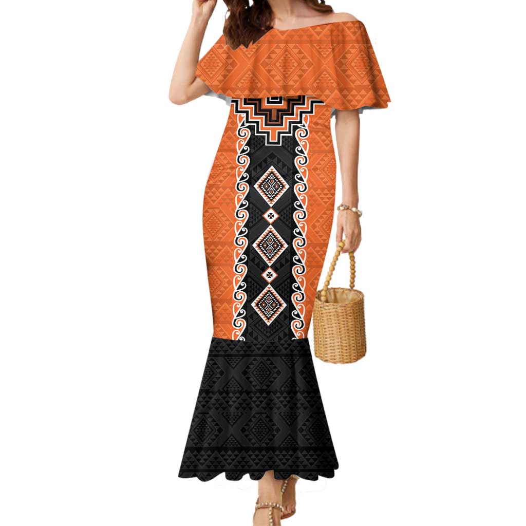 Orange Niho Taniwha Mix Poutama Mermaid Dress Unique Taniko Aotearoa LT01 Women Orange - Polynesian Pride