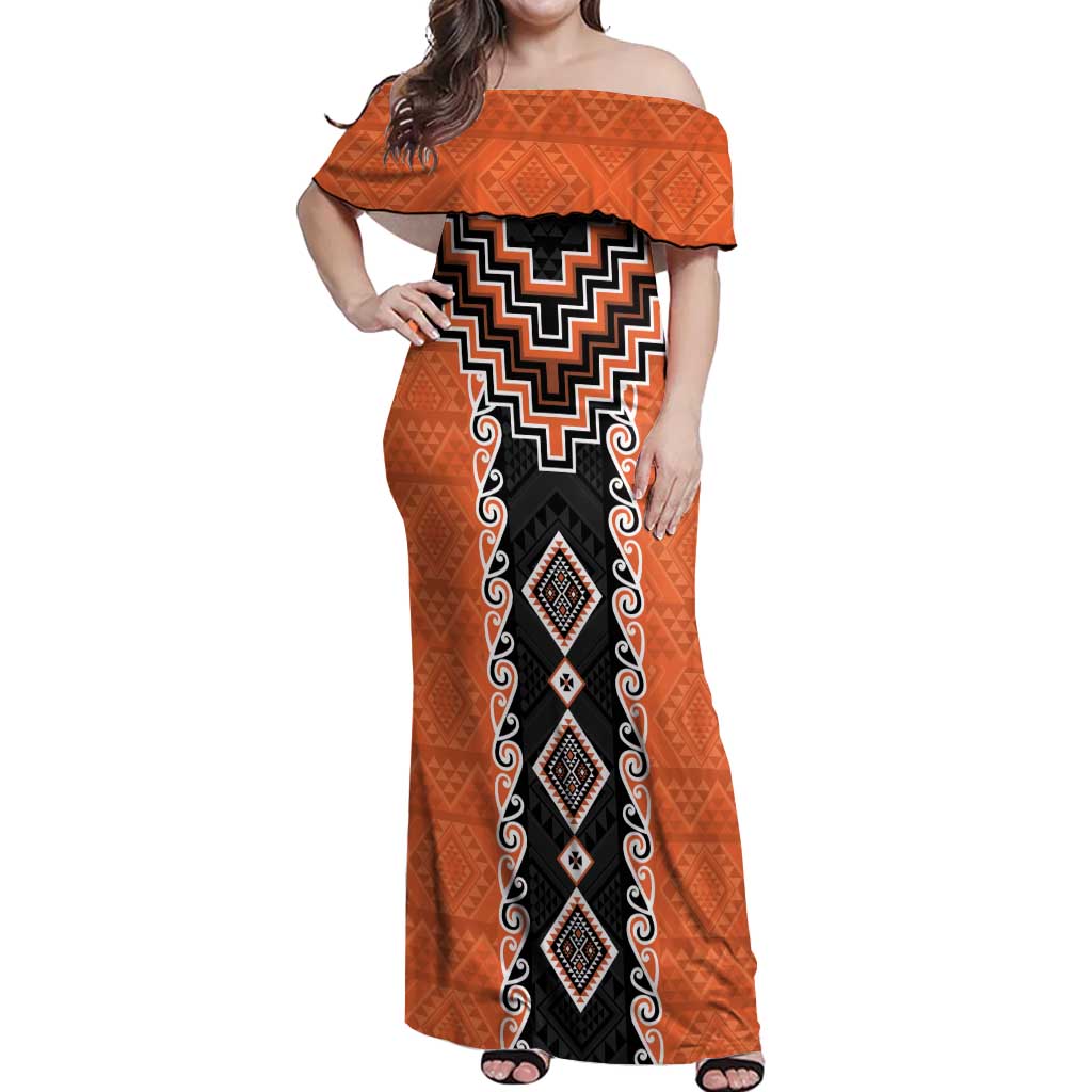 Orange Niho Taniwha Mix Poutama Off Shoulder Maxi Dress Unique Taniko Aotearoa