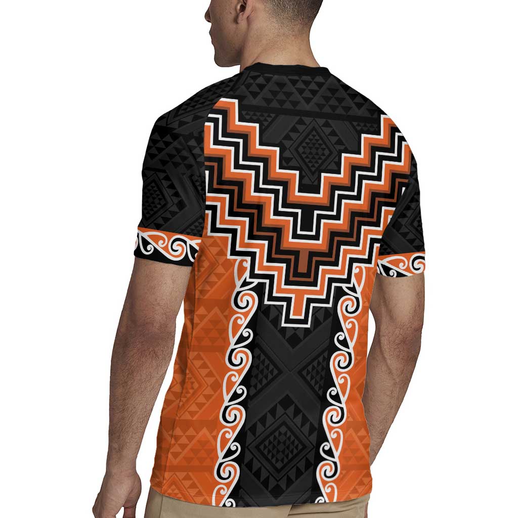Orange Niho Taniwha Mix Poutama Rugby Jersey Unique Taniko Aotearoa