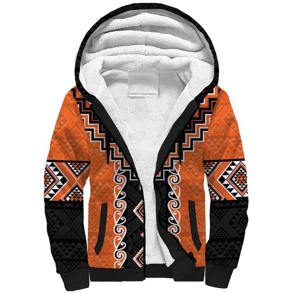 Orange Niho Taniwha Mix Poutama Sherpa Hoodie Unique Taniko Aotearoa