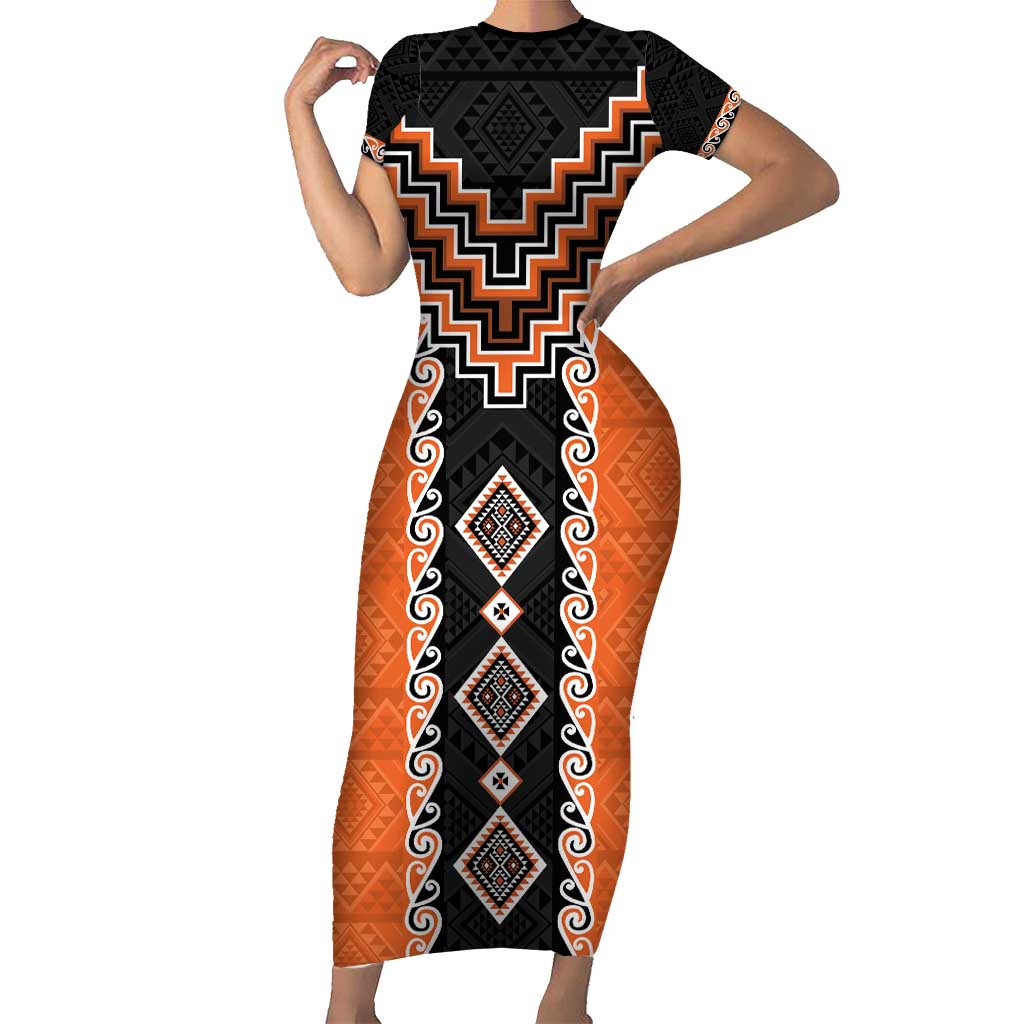 Orange Niho Taniwha Mix Poutama Short Sleeve Bodycon Dress Unique Taniko Aotearoa